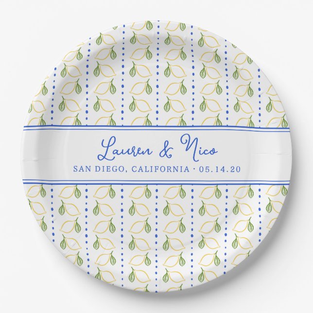 Chic Lemon Citrus Blau und Gelb Sommer Hochzeit Pappteller (Vorderseite)