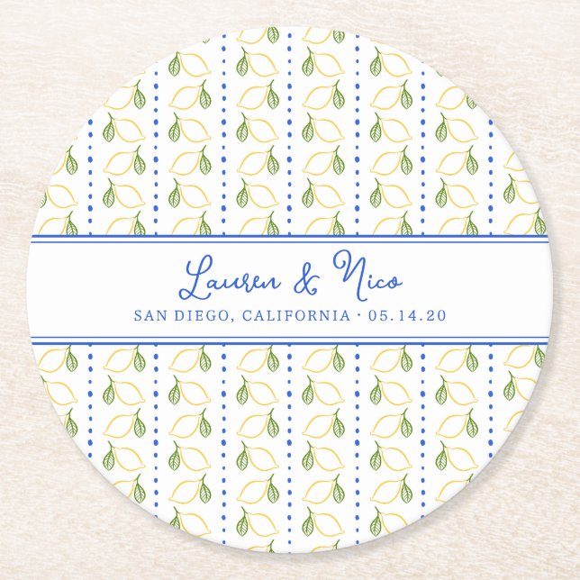 Chic Lemon Citrus Blue & Yellow Summer Wedding Runder Pappuntersetzer (Vorderseite)