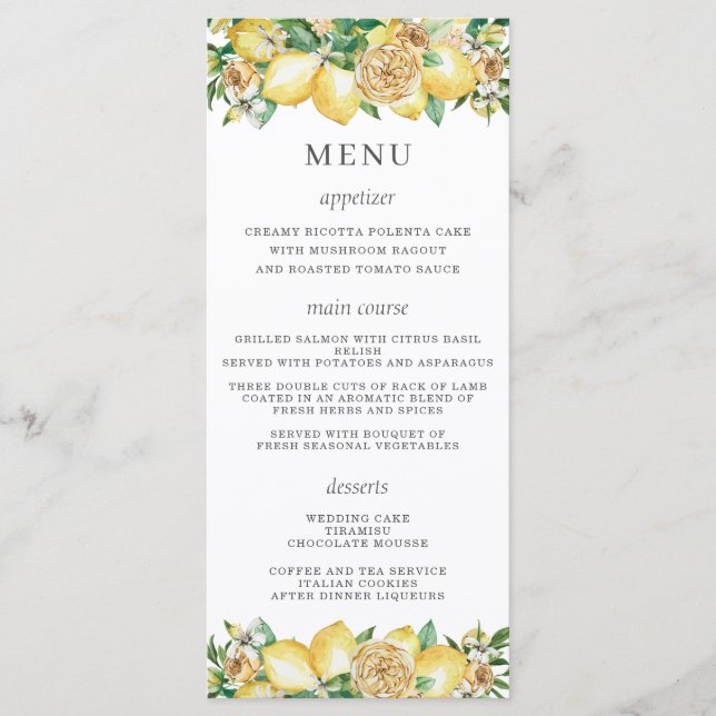 Chic Lemon Floral Green Menu Mariage (Devant)