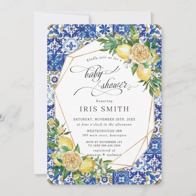 Chic Lemon Floral Greenery Geometric Baby Shower Einladung (Vorderseite)
