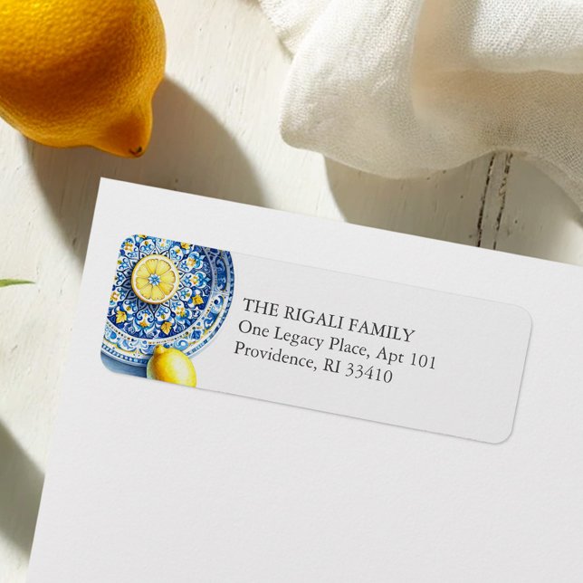 Chic Lemon Mediterranean Return Address Label (Lemon return address labels blue and yellow citrus watercolor)