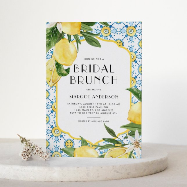 Chic Lemon Mediterranean Summer Bridal Brunch Einladung (Customizable Mediterranean-theme bridal brunch invitation featuring Moroccan tile and lemon design.)