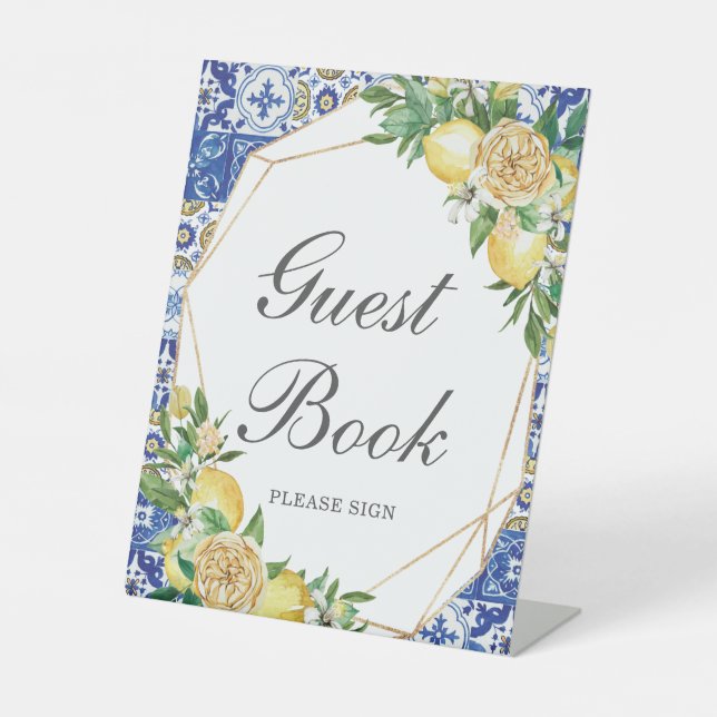 Chic Lemon Yellow Floral Guest Book Tabletop Sockelschild (Vorderseite)