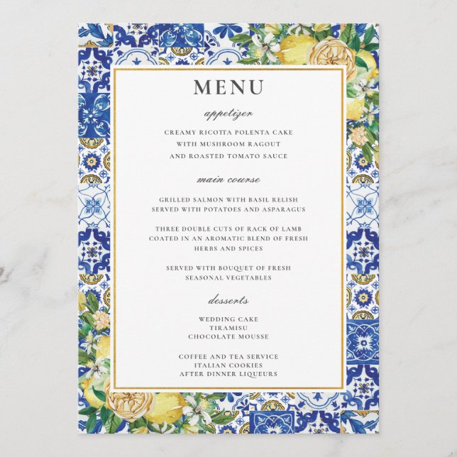 Chic Lemons Blumengrün Mosaic Wedding Menu Programm (Vorderseite)