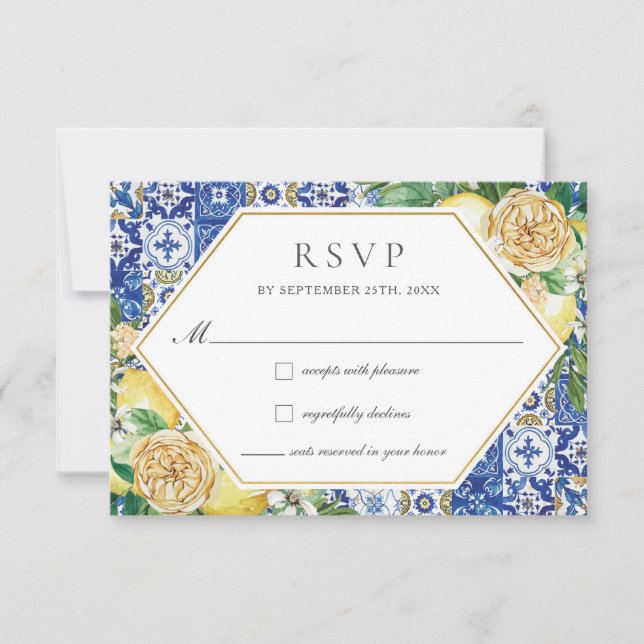 Chic Lemons Yellow Floral Greenerity Wedding RSVP Karte (Vorderseite)