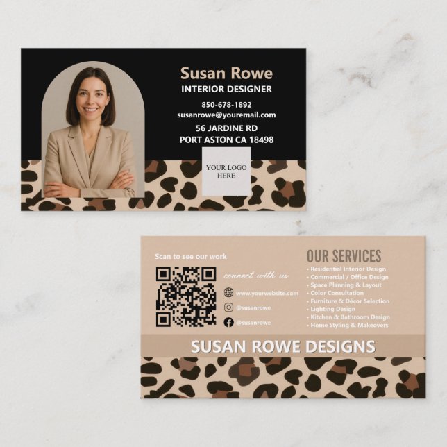 Chic Leopard Black and Beige QR Code Arch Photo Visitenkarte (Vorne/Hinten)