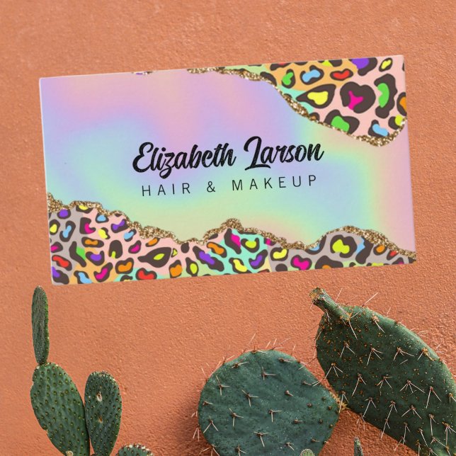 Chic Leopard Iridescent Holographic Hair Salon Visitenkarte (Von Creator hochgeladen)