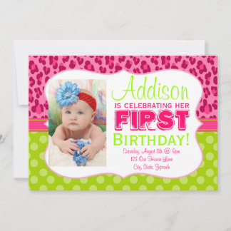Chic Leopard & Polka Dots Lime Green & Pink Einladung
