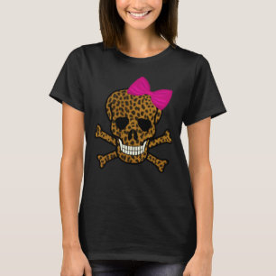 Chic Leopard Print Pirate Skull Pink Bow T-Shirt