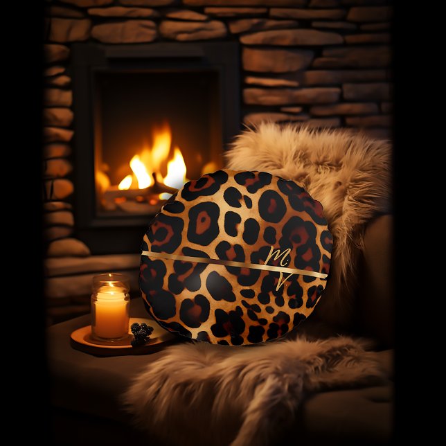 Chic Leopard Print und Gold Mit Monogramm Rundes Kissen (Stylish Luxe Leopard-Print Decorative Throw Pillow )