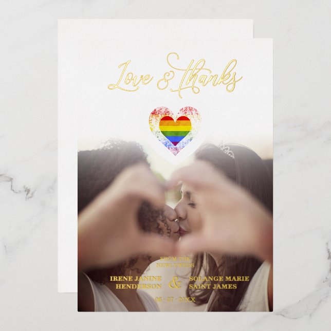 Chic Liebe & Danke LGBT Rainbow Pride Heart Foto Folieneinladung (Vorderseite/Rückseite)