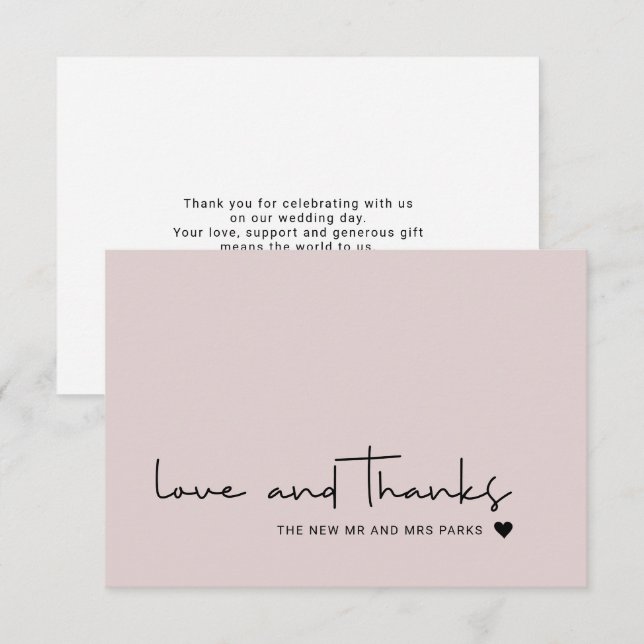 Chic Liebe und Dank Lässigem Script Rosa Rosa Dankeskarte (Vorne/Hinten)