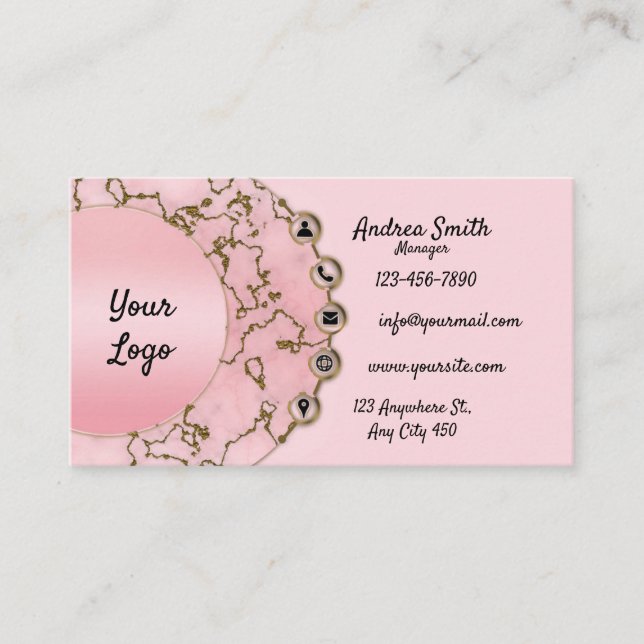 Chic Light Blush Pink Marble Gold Glitzer Script Visitenkarte (Vorderseite)
