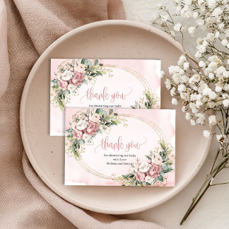 Chic Light Pink Floral Eucalyptus Thank You Card Dankeskarte