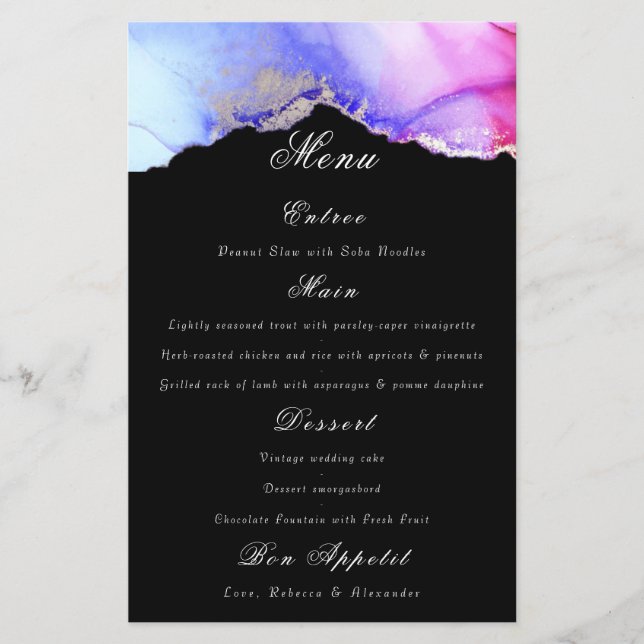Chic Lila Black Wedding Menu (Vorderseite)