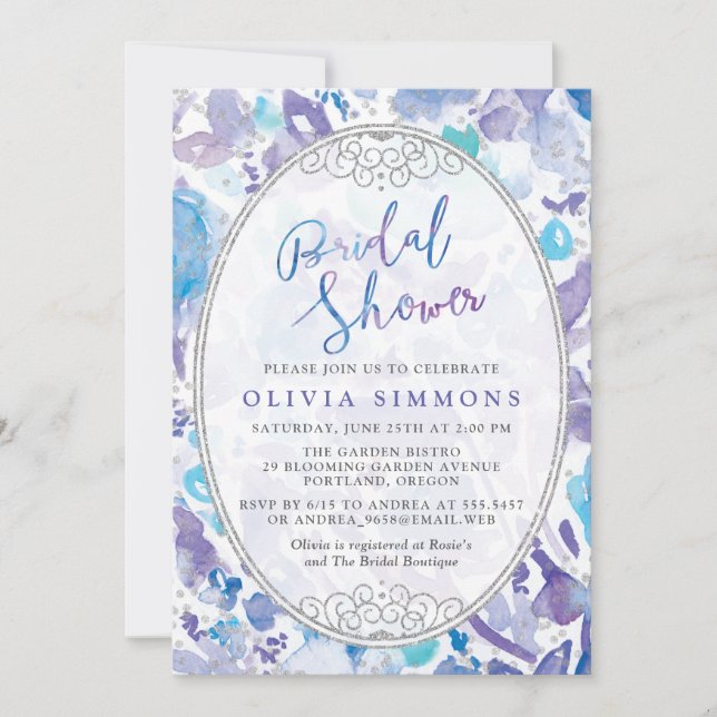 Chic Lila & Blue Watercolor Brautparty Einladung (Vorderseite)