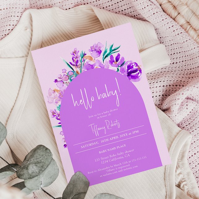 Chic lila Blumenbogenneutraldusche Einladung (Chic purple floral arch neutral hello baby shower invitation)