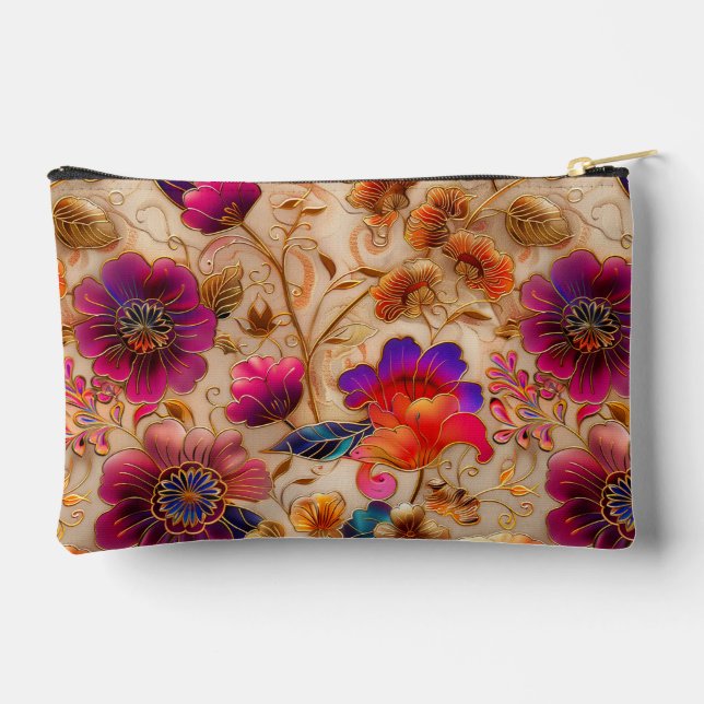 Chic lila Creme Blumenmuster Zubehörtasche (Rückseite)