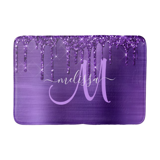 Chic Lila Driving Glitzer Brush Metal Monogram Badematte (Vorderseite)