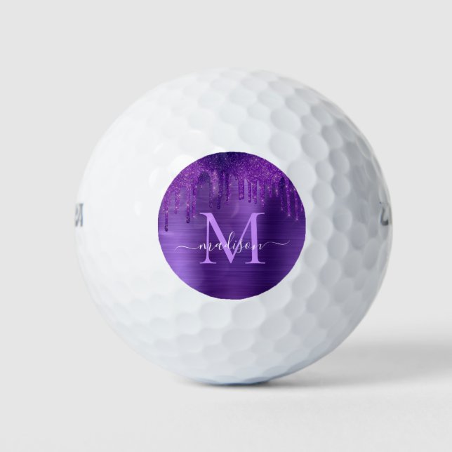 Chic Lila Driving Glitzer Brush Metal Monogram Golfball (Vorderseite)