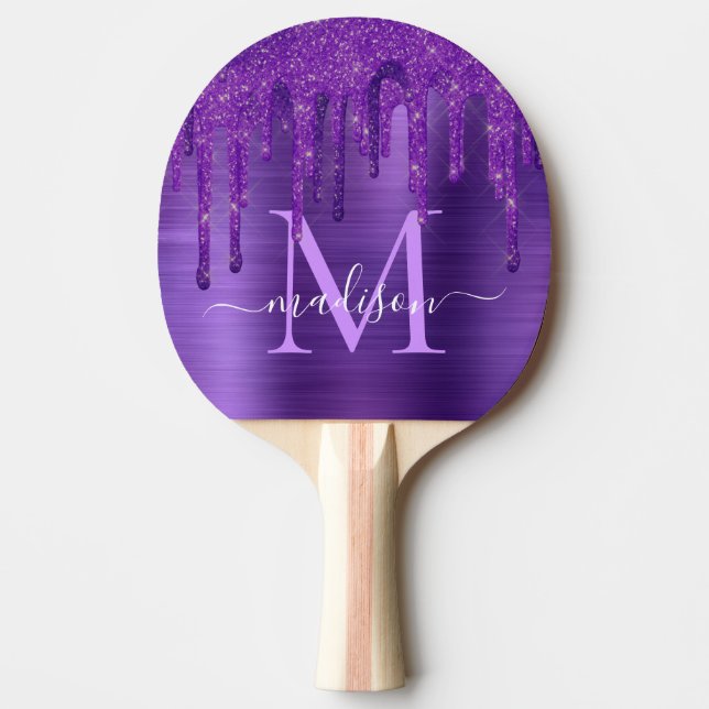 Chic Lila Driving Glitzer Brush Metal Monogram Tischtennis Schläger (Vorderseite)
