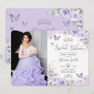 Chic Lila Floral Butterfells 16 . Geburtstag Foto Einladung