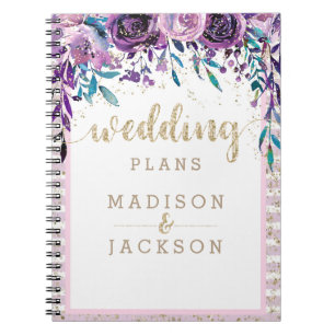 Chic Lila Floral Champagne Gold Wedding Planner Notizblock