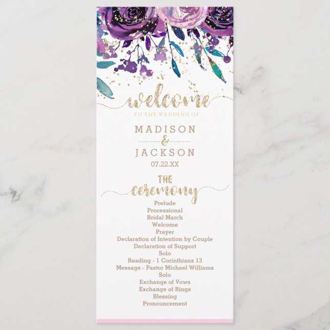 Chic Lila Floral Champagne Gold Wedding Programm (Vorderseite)