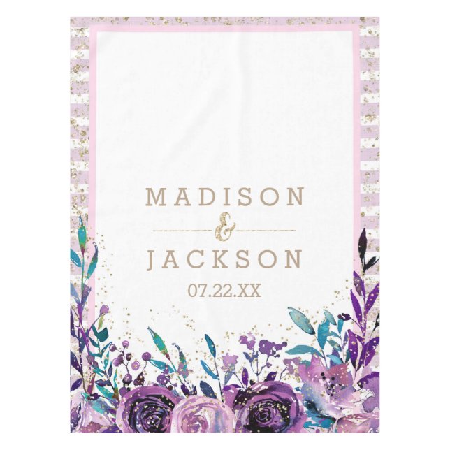 Chic Lila Floral Champagner Gold Wedding Monogram Tischdecke (Vorderseite)