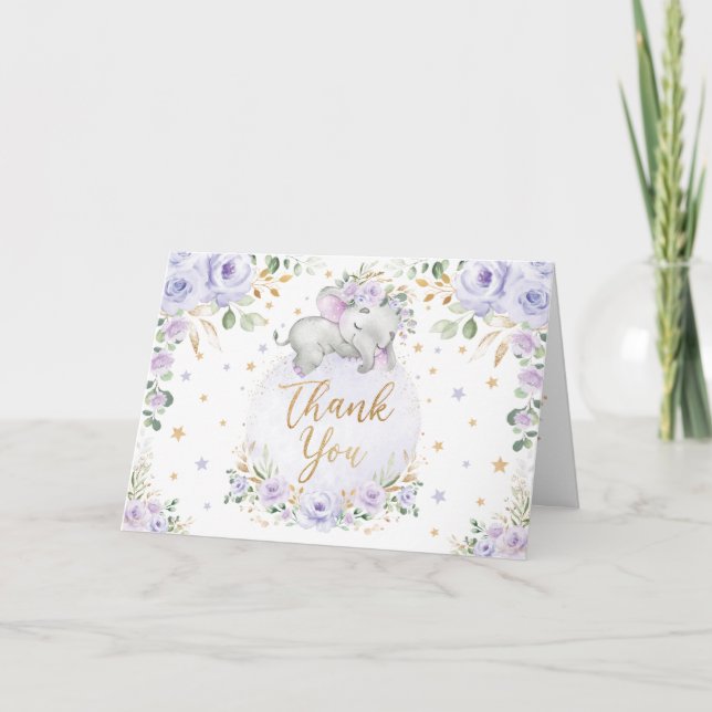 Chic Lila Floral Elephant Baby Dusche Vielen Dank Karte (Vorderseite)