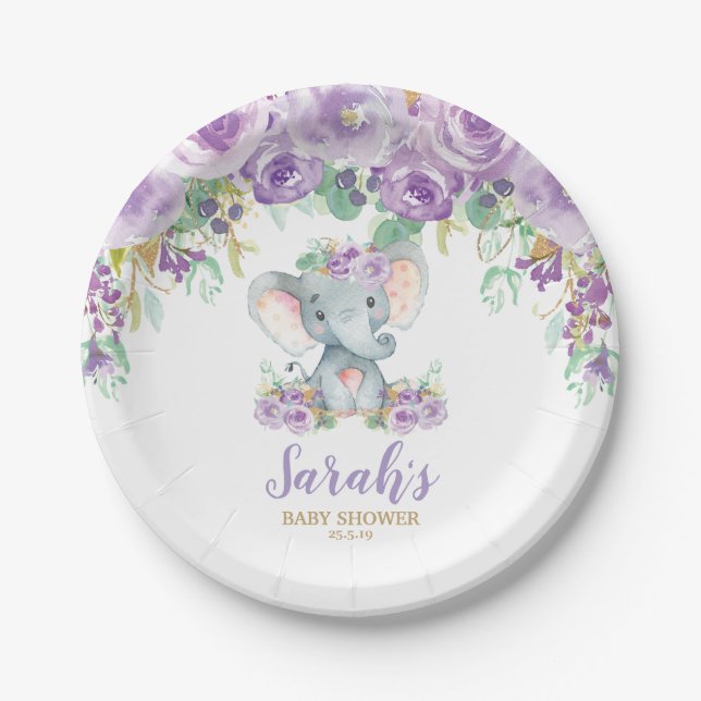 Chic Lila Floral Elephant Baby Shower Girl Pappteller (Vorderseite)