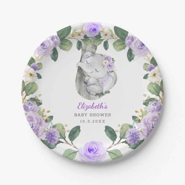 Chic Lila Floral Elephant Baby Shower Girl Pappteller (Vorderseite)