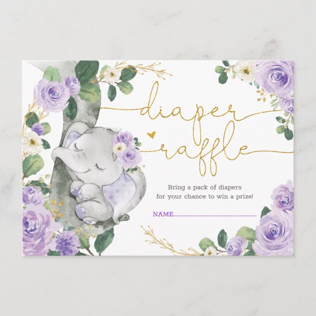 Chic Lila Floral Elephant Dusche Windeln Raffel Begleitkarte (Vorderseite)