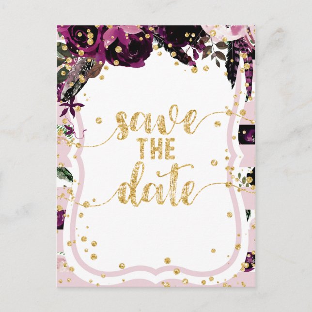 Chic Lila Floral & Gold Hochzeit Sichern Sie das D Ankündigungspostkarte (Vorderseite)
