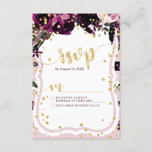 Chic Lila Floral & Gold Wedding RSVP Response Karte