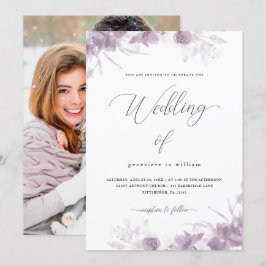 Chic Lila Floral mit kalligrafischem Foto Hochzeit Einladung