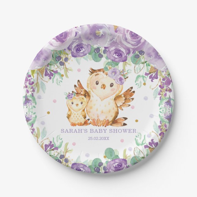 Chic Lila Floral Owl Baby Shower Girl Pappteller (Vorderseite)