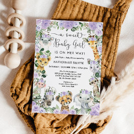 Chic Lila Floral Safari Tiere Girl Baby Dusche Einladung