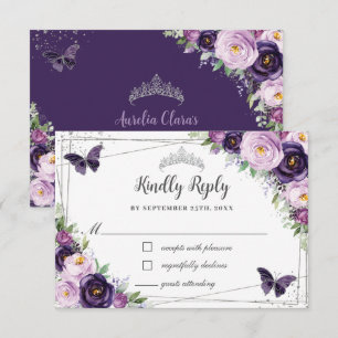 Chic Lila Floral Silver QUINCEAÑERA Schmetterlinge RSVP Karte