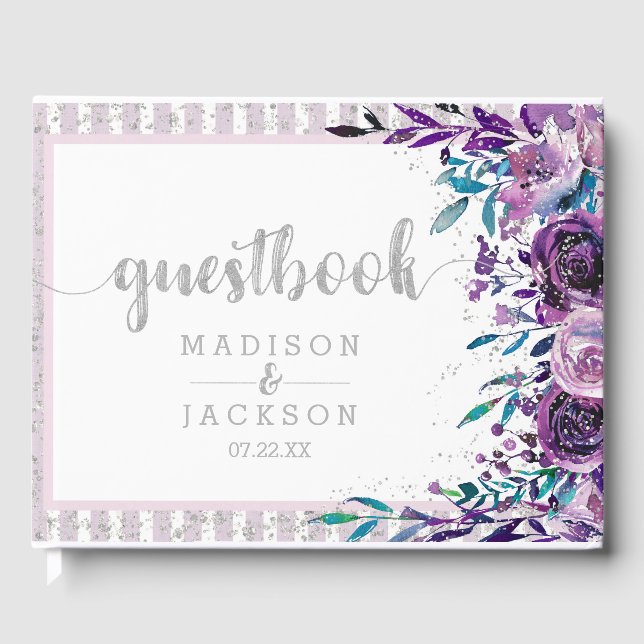 Chic Lila Floral & Silver Wedding Monogram Gästebuch (Vorderseite)