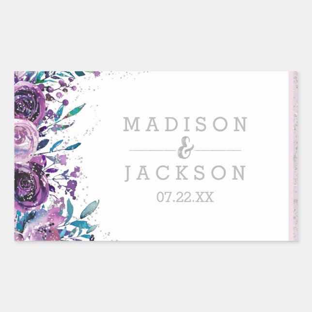 Chic Lila Floral & Silver Wedding Monogram Rechteckiger Aufkleber (Vorderseite)