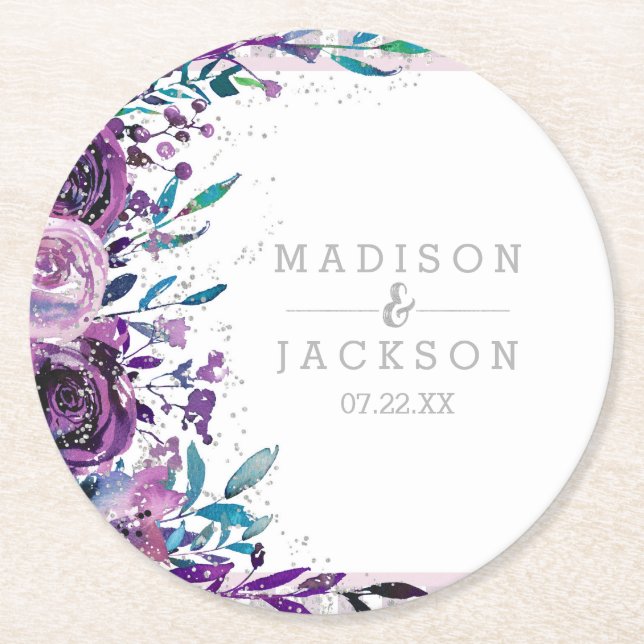 Chic Lila Floral & Silver Wedding Monogram Runder Pappuntersetzer (Vorderseite)