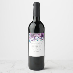 Chic Lila Floral & Silver Wedding Monogram Weinetikett