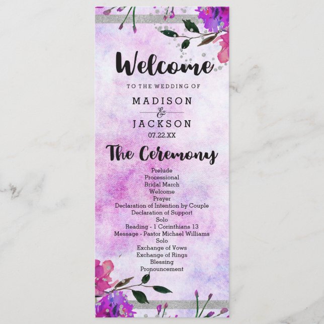 Chic Lila Floral & Silver Wedding Programm (Vorderseite)