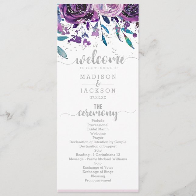 Chic Lila Floral & Silver Wedding Programm (Vorderseite)