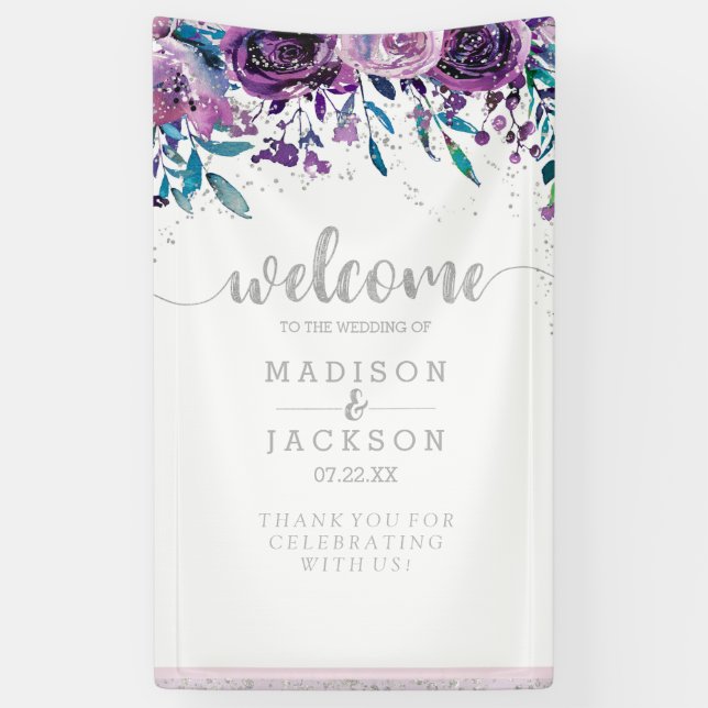 Chic Lila Floral & Silver Wedding Willkommen Banner (Vertikal)