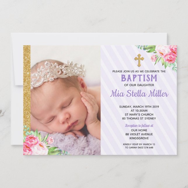 Chic Lila Floral Taufe Christening Girl Foto Einladung (Vorderseite)