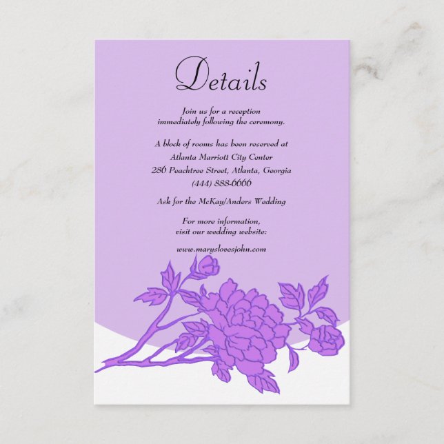 Chic Lila Floral Wedding Details Begleitkarte (Vorderseite)