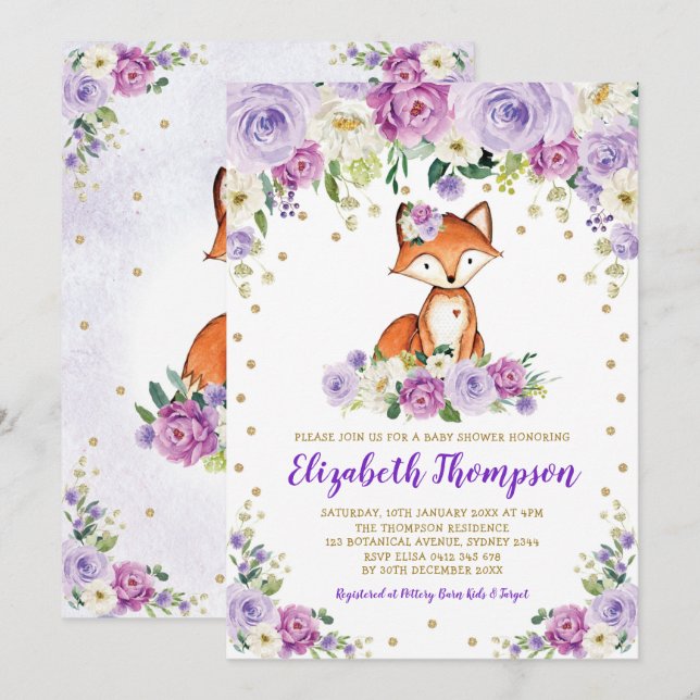 Chic Lila Floral Woodland Fox Baby Girl Dusche Einladung (Vorne/Hinten)