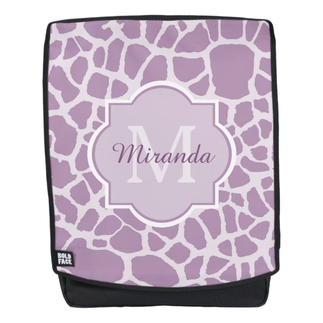 Chic Lila Giraffenausdruck mit Monogramm und Name Rucksack (Vorderseite)
